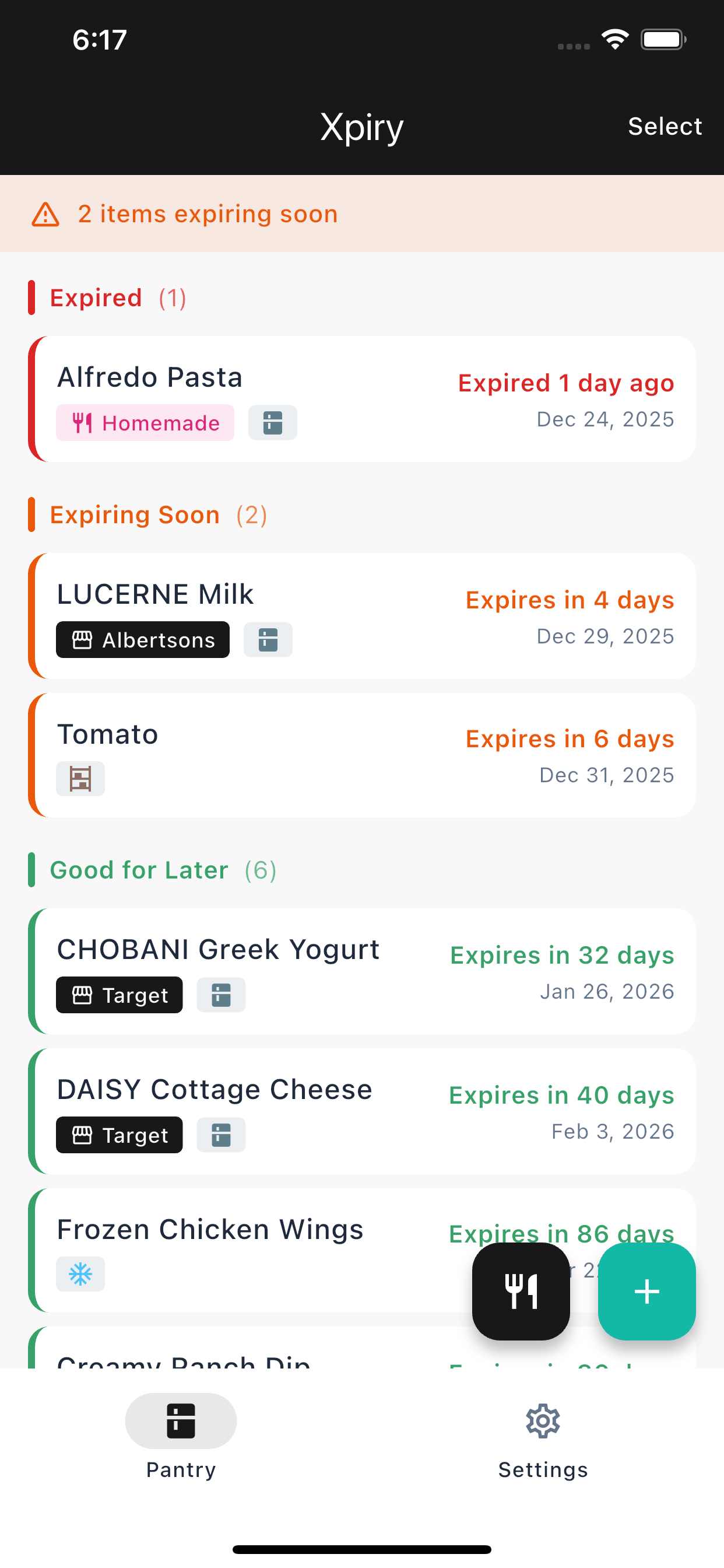 Xpiry app pantry screen showing food items with expiration dates